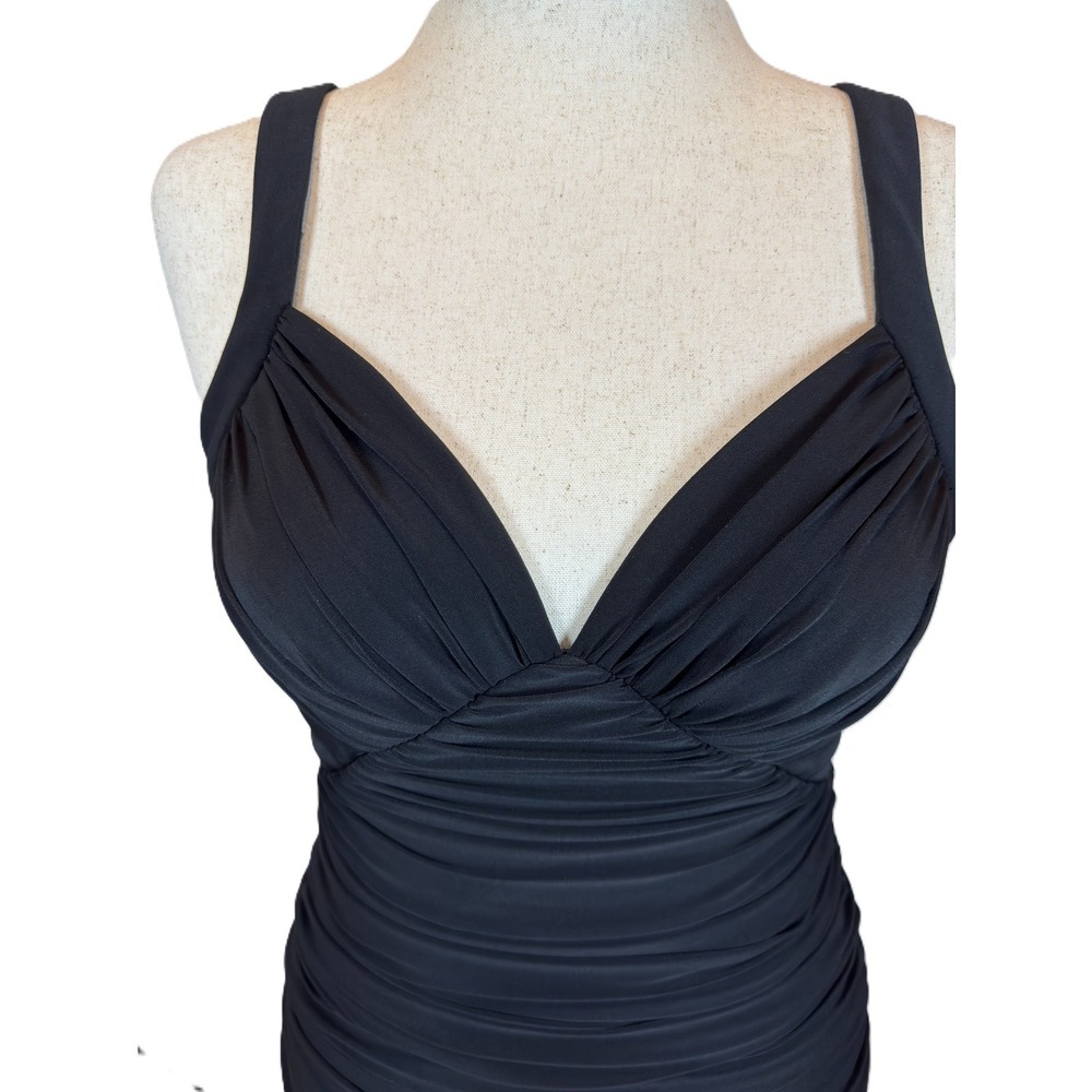 Vintage XSCAPE by Joanna Chen Black Ruched Evening Formal Gown Open Back size 12 - Picture 3 of 9